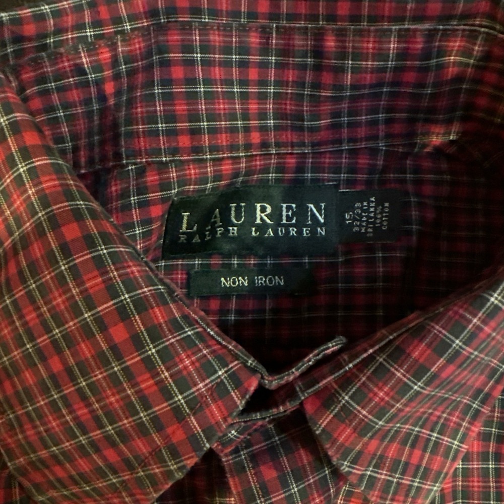 Lauren Ralph Lauren Mens Plaid Shirt Red Black Non Iron Cotton 15 32/33 Button